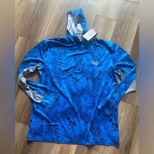 Men’s NWT KastKing UPF 50 Moisture Wicking  Blue and Gray Hooded Fishing Shirt